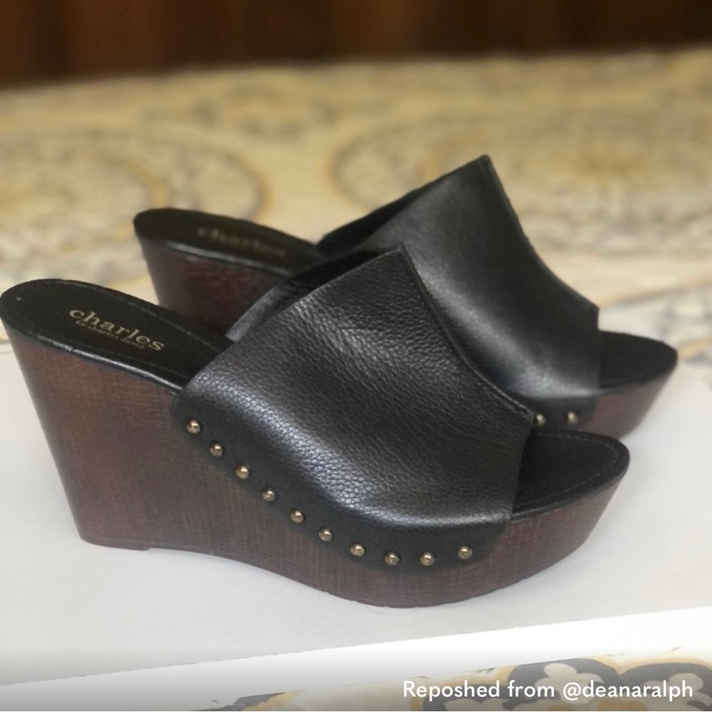 Charles David Black Leather Slide Mules